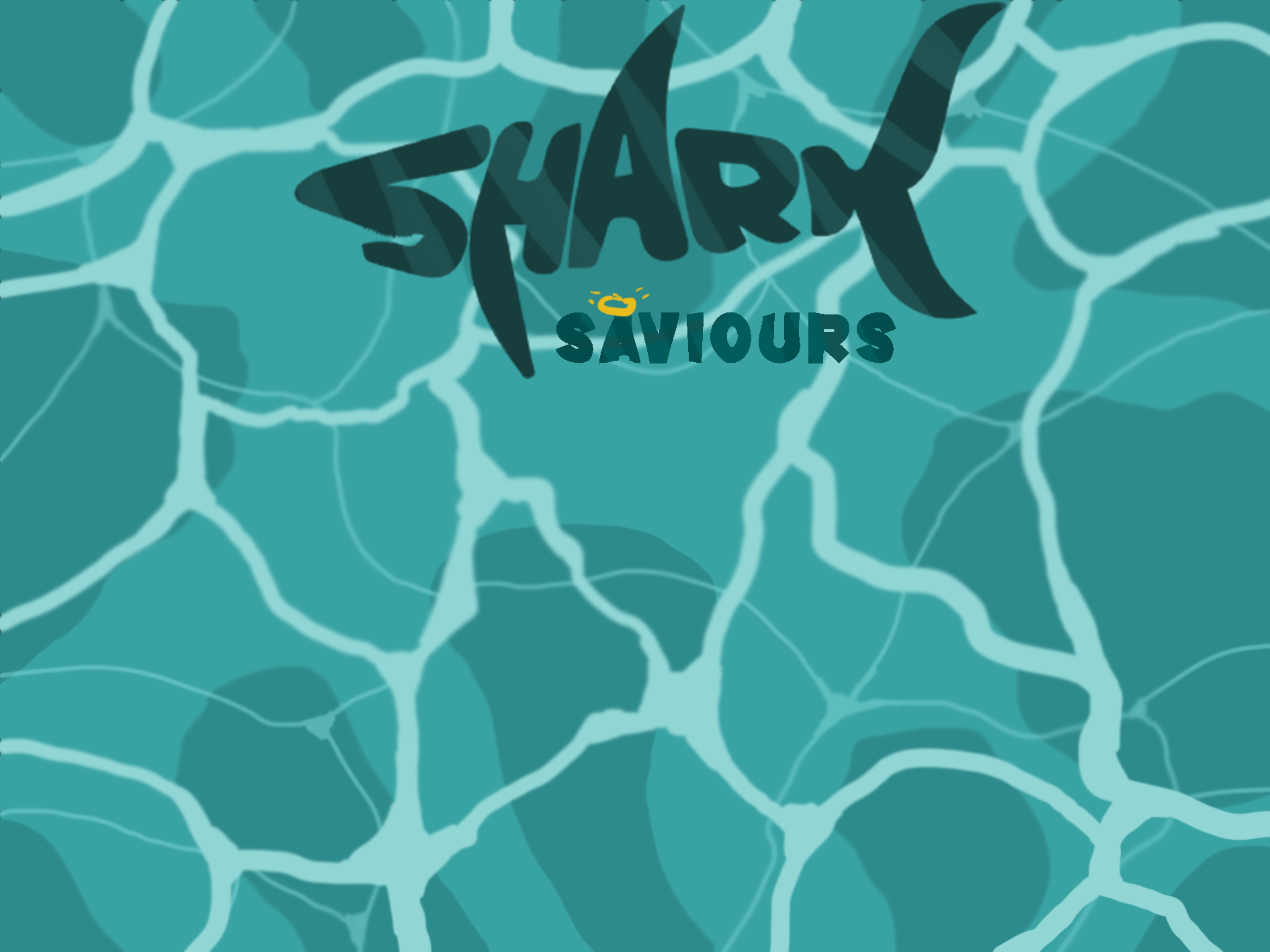 The title screen for the game. The background is a top-down cartoon style depiction of the ocean The top of the image has the game name 'Shark Saviours' in dark blue with the word 'Shark' being shaped like a shark and the word 'Saviours' having a yellow halo over the letter 'A.'